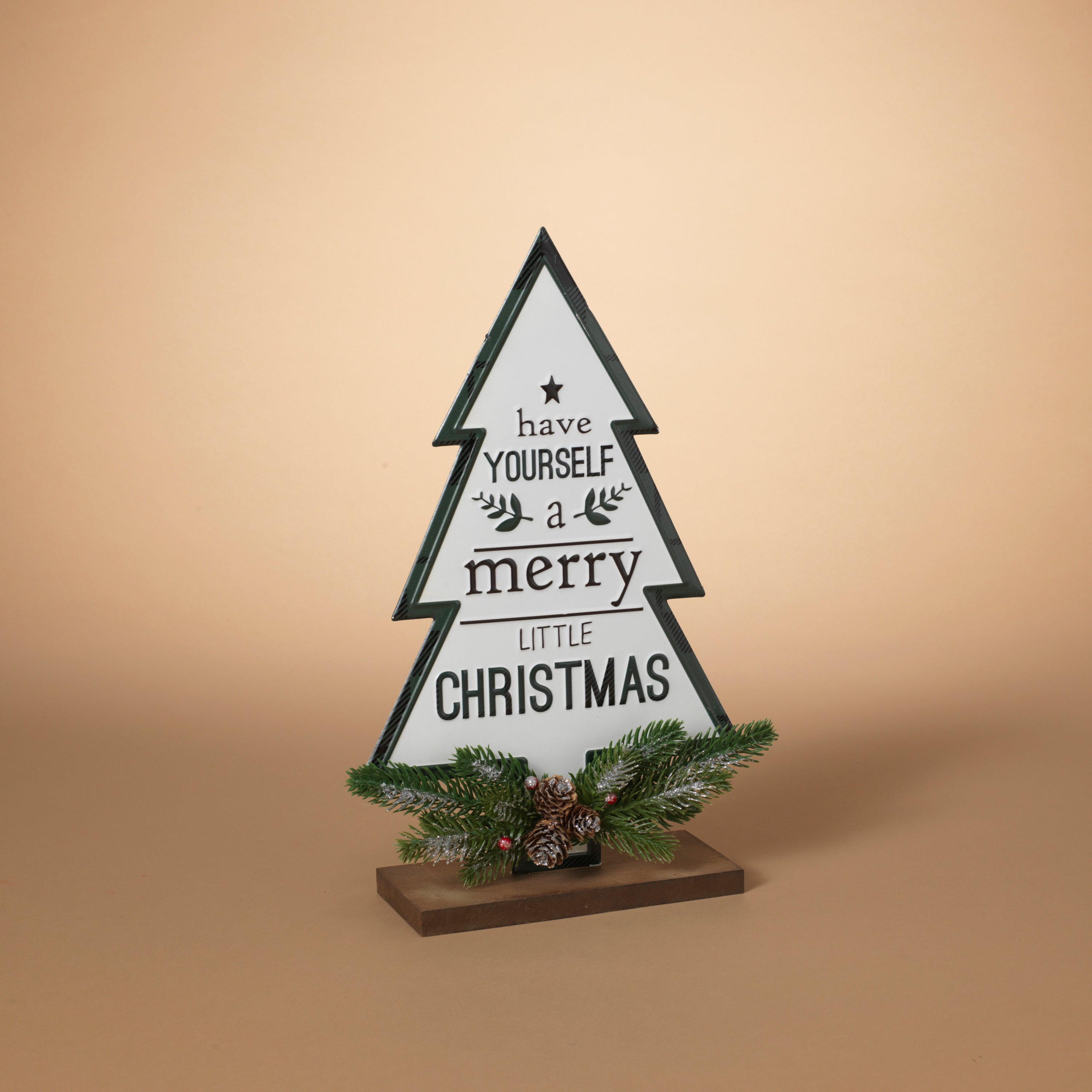 Lighted 17.5 in H Wood and Metal Christmas Tree with Embossed Sign and – Holiday Display Tree